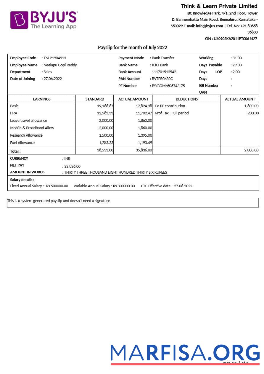 Printable BYJU s learning app payslip sample